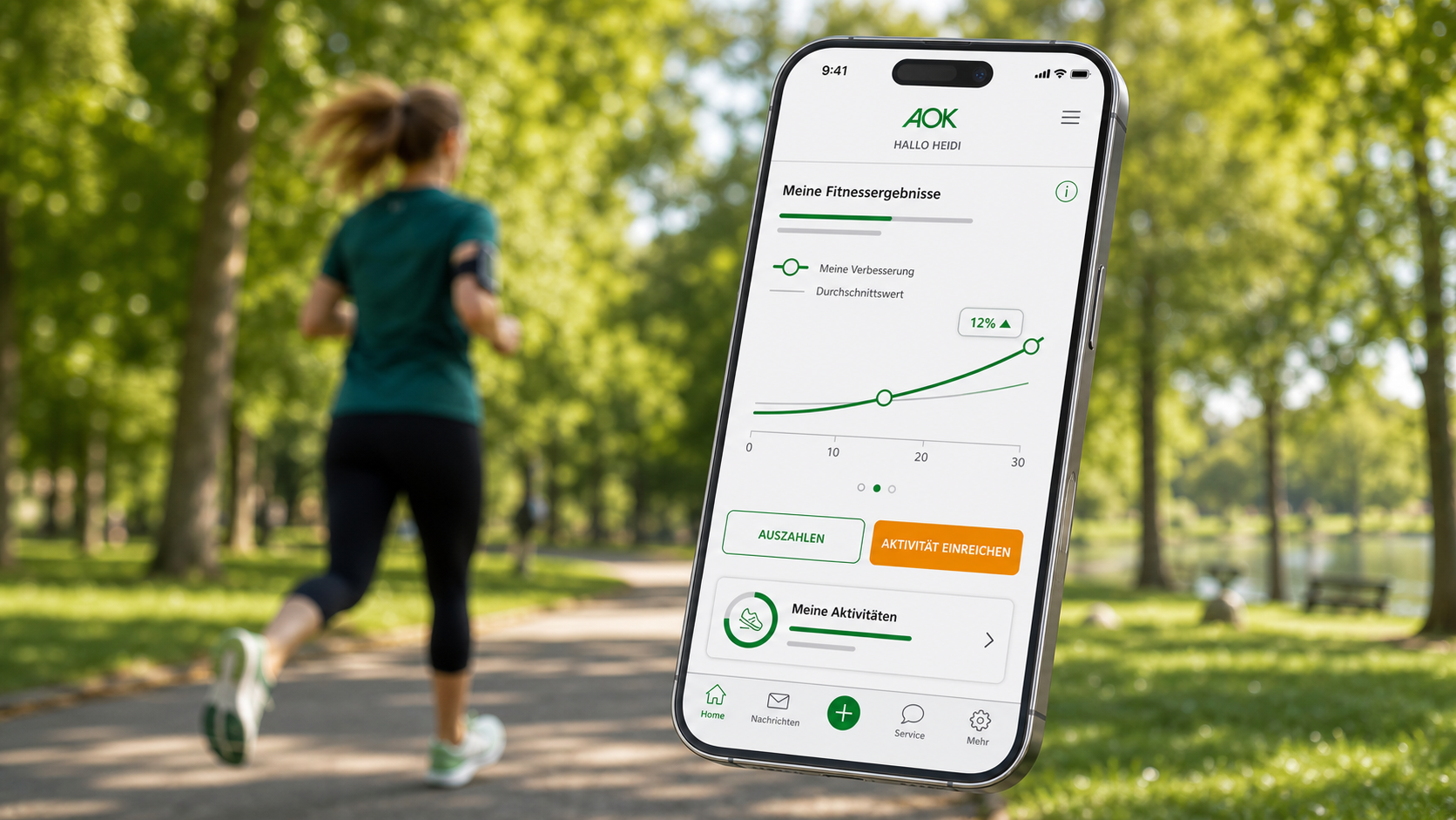 AOK Bonus App fitness dashboard shown beside a runner in a park