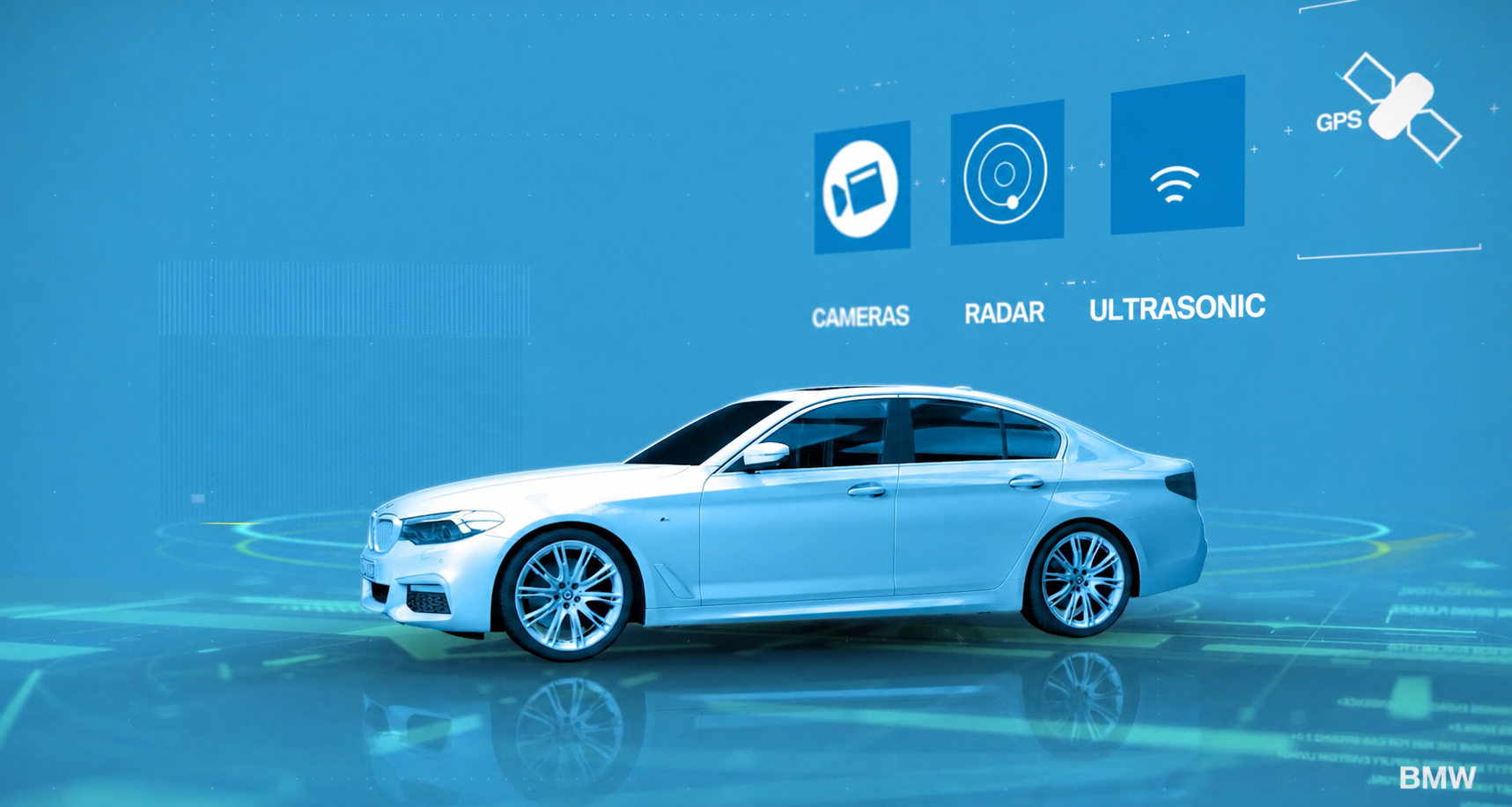 BMW open-location platform film frame showing camera, radar and ultrasonic inputs