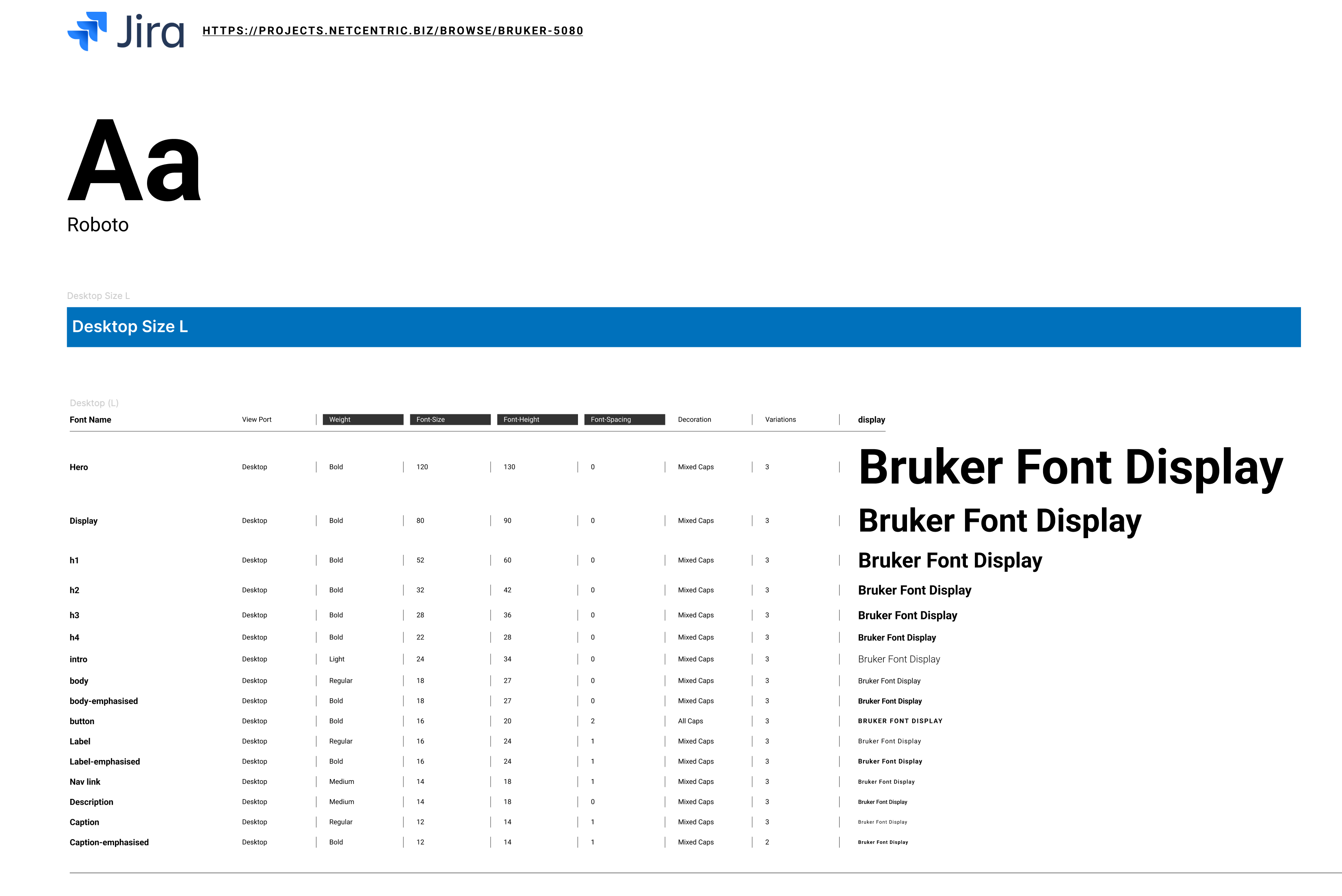 Bruker typography specification defining display, heading, body, label and caption roles