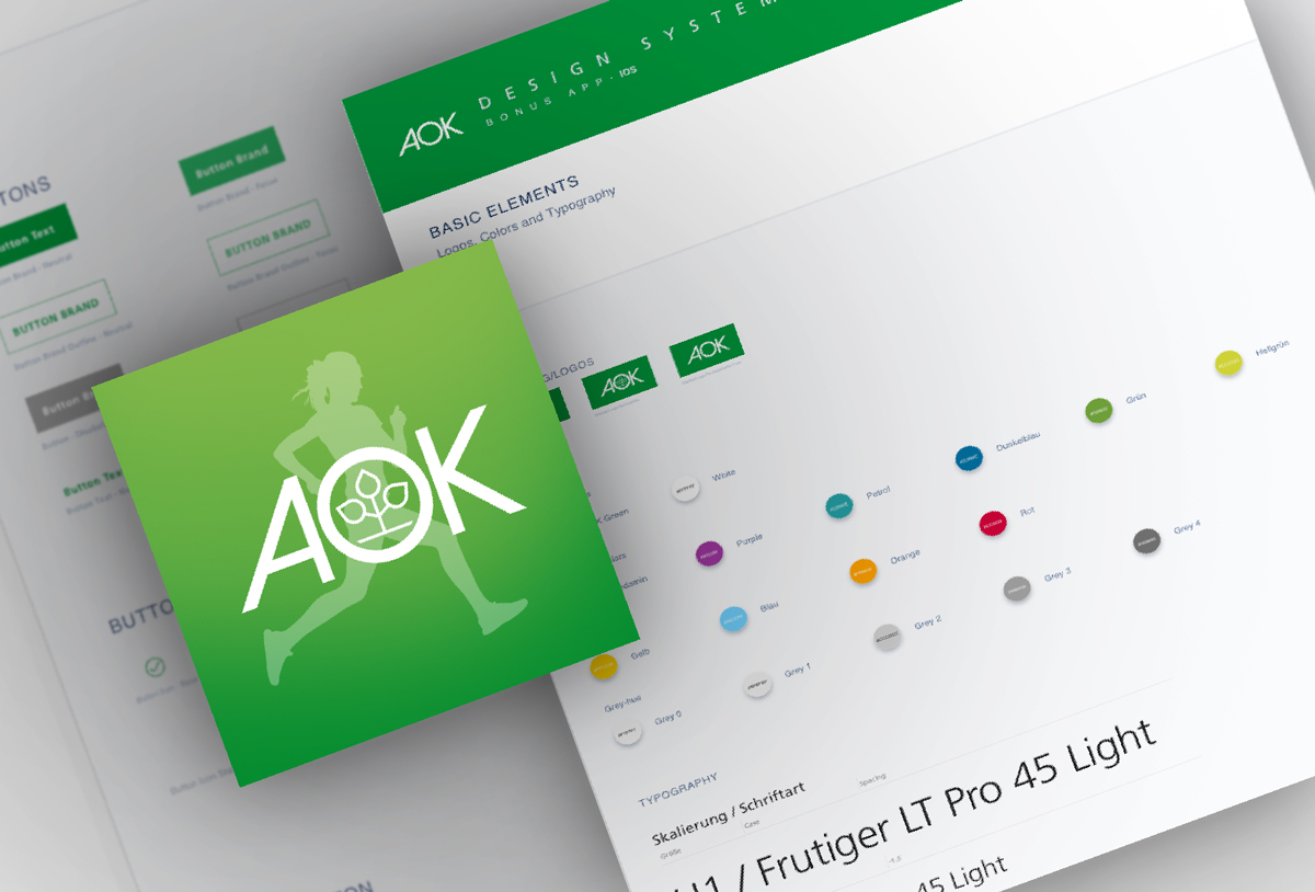 AOK Bonus App design system with color, typography and interface elements