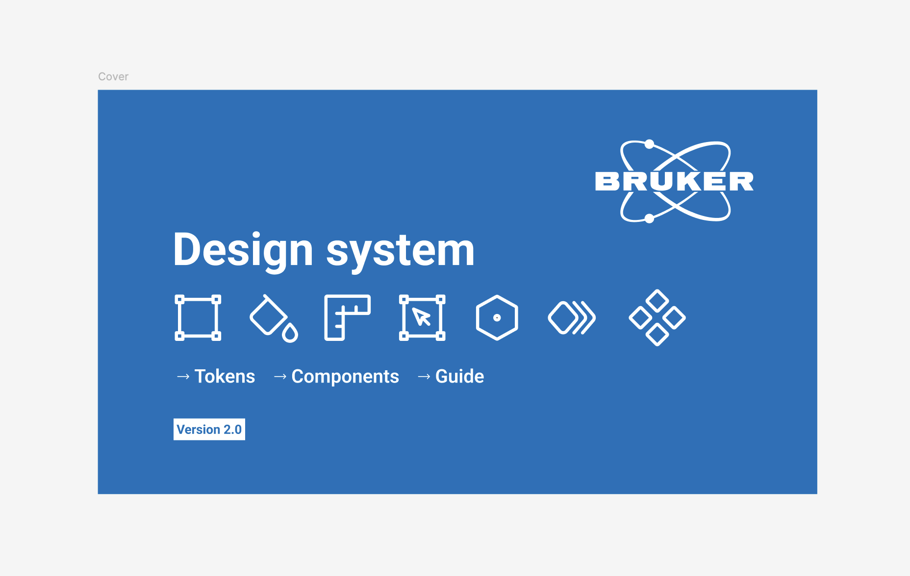 Bruker blue design-system cover connecting tokens, components and guidance