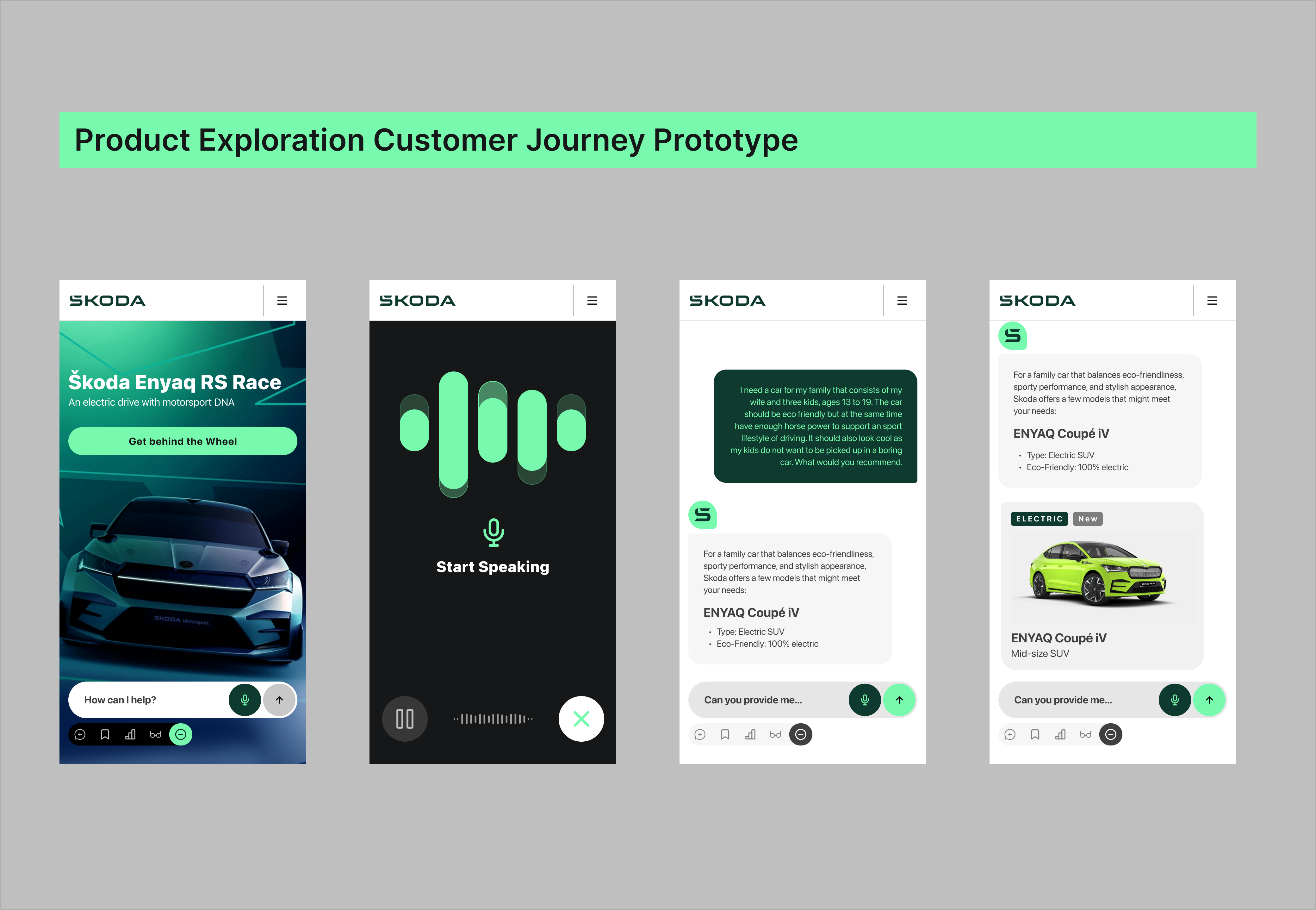 Four mobile prototype screens showing product exploration, voice input and conversational vehicle recommendations