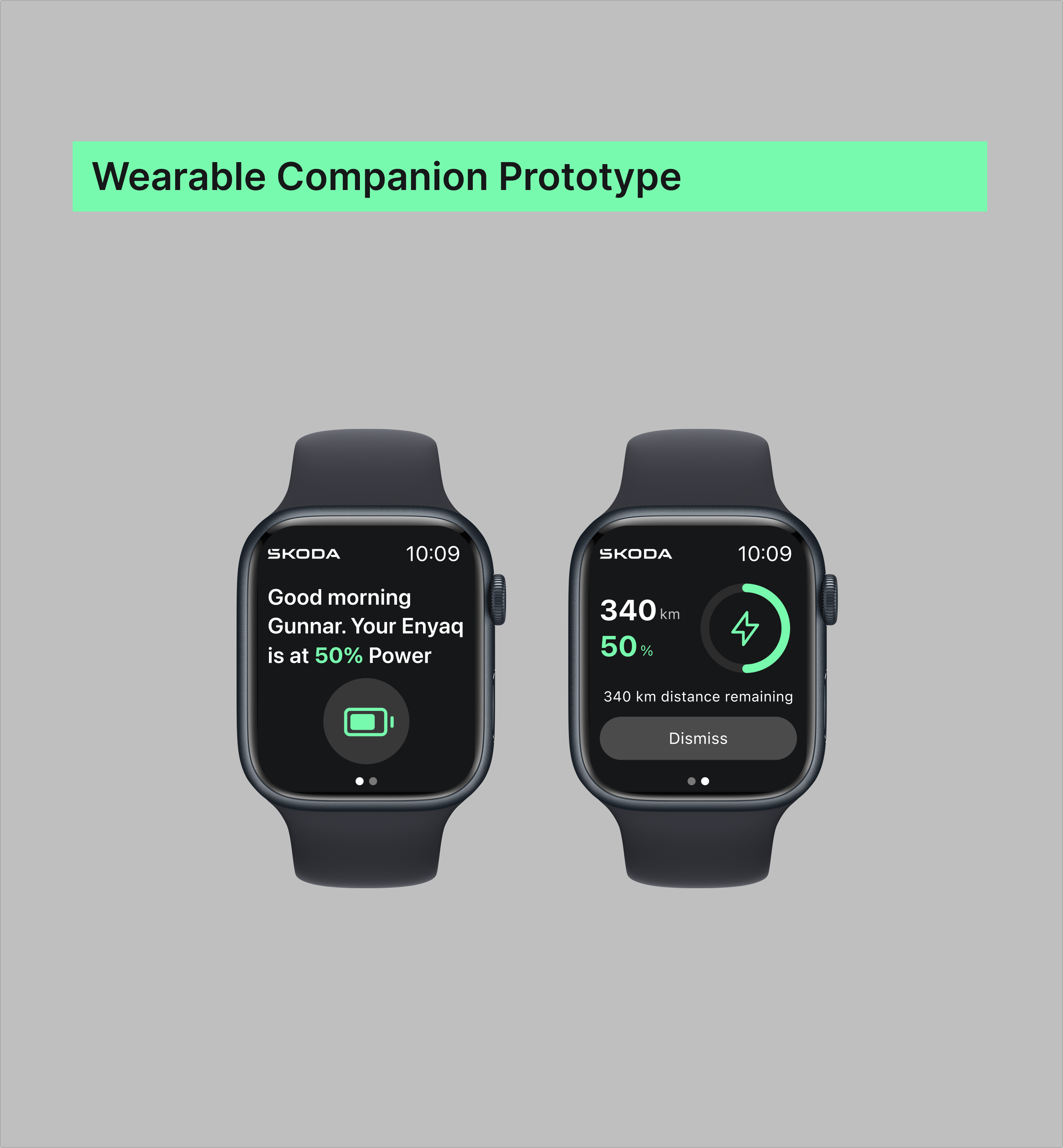 Two Škoda smartwatch prototype screens displaying vehicle charge and remaining driving range